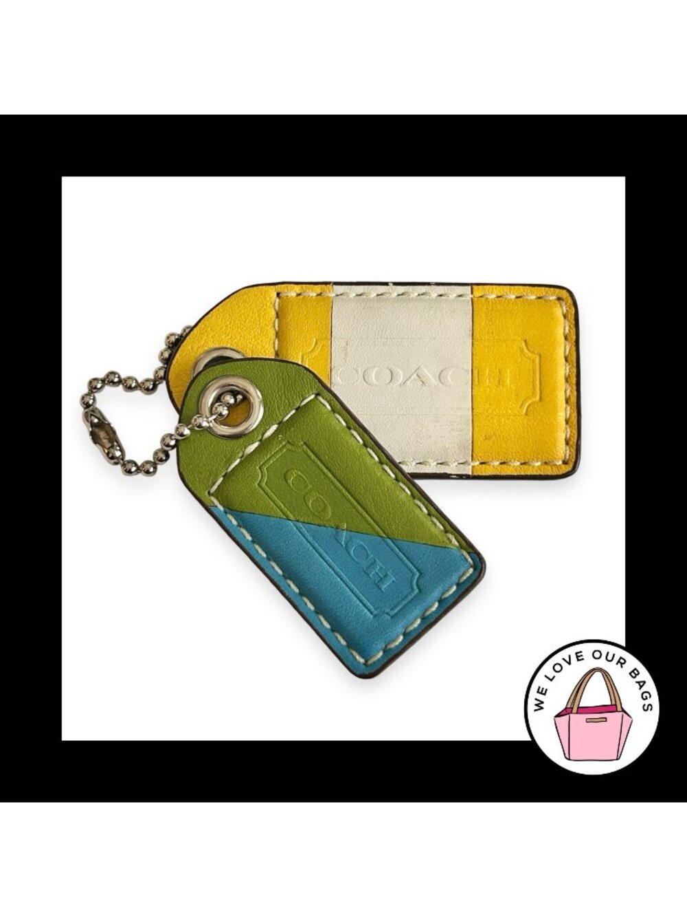 Lot COACH VINTAGE XL HangTag Stripe Green Blue Yellow Leather Bag Charm Keychain